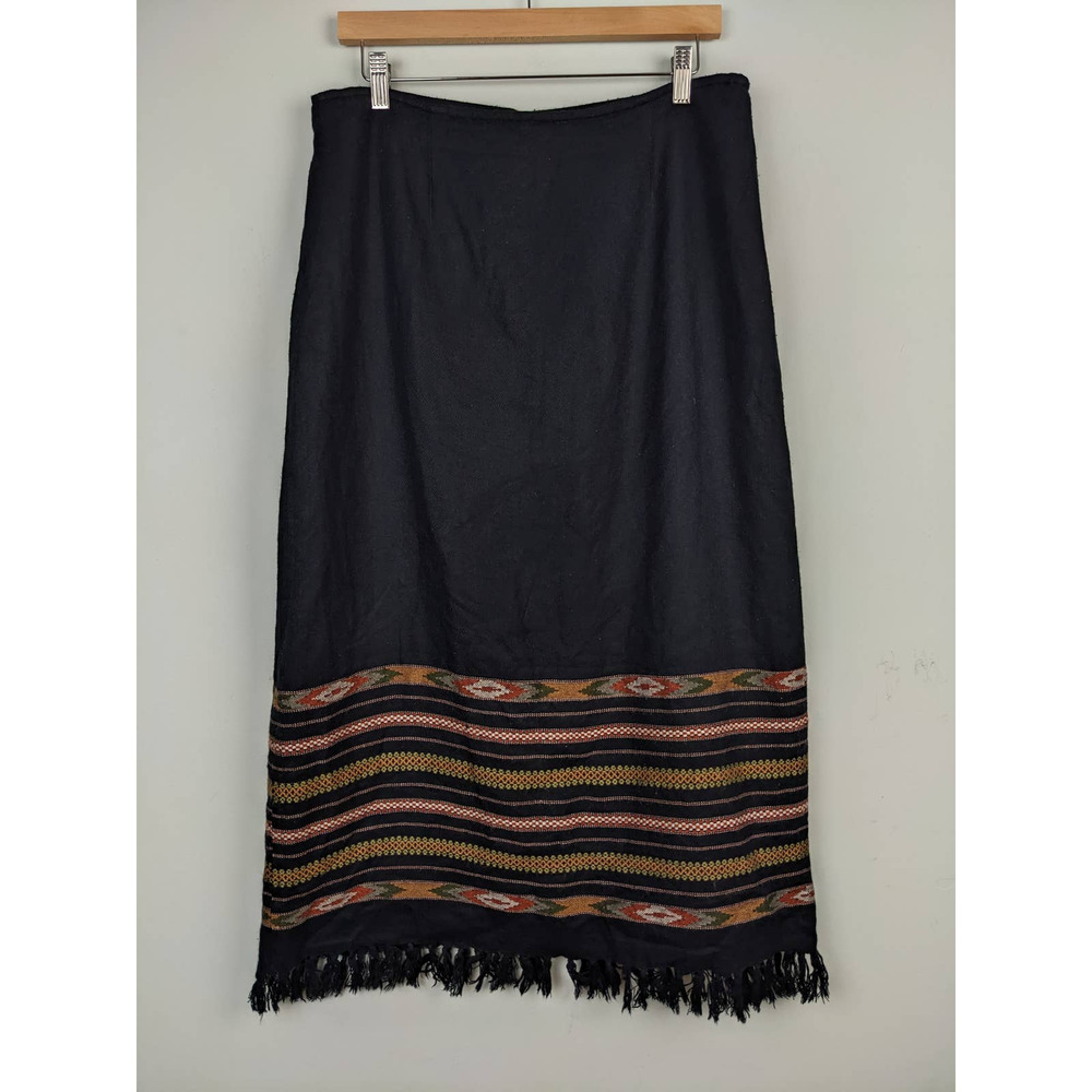 Vintage Boho Maxi Skirt Aztec Stripe Fringe Western Country Rodeo India 16